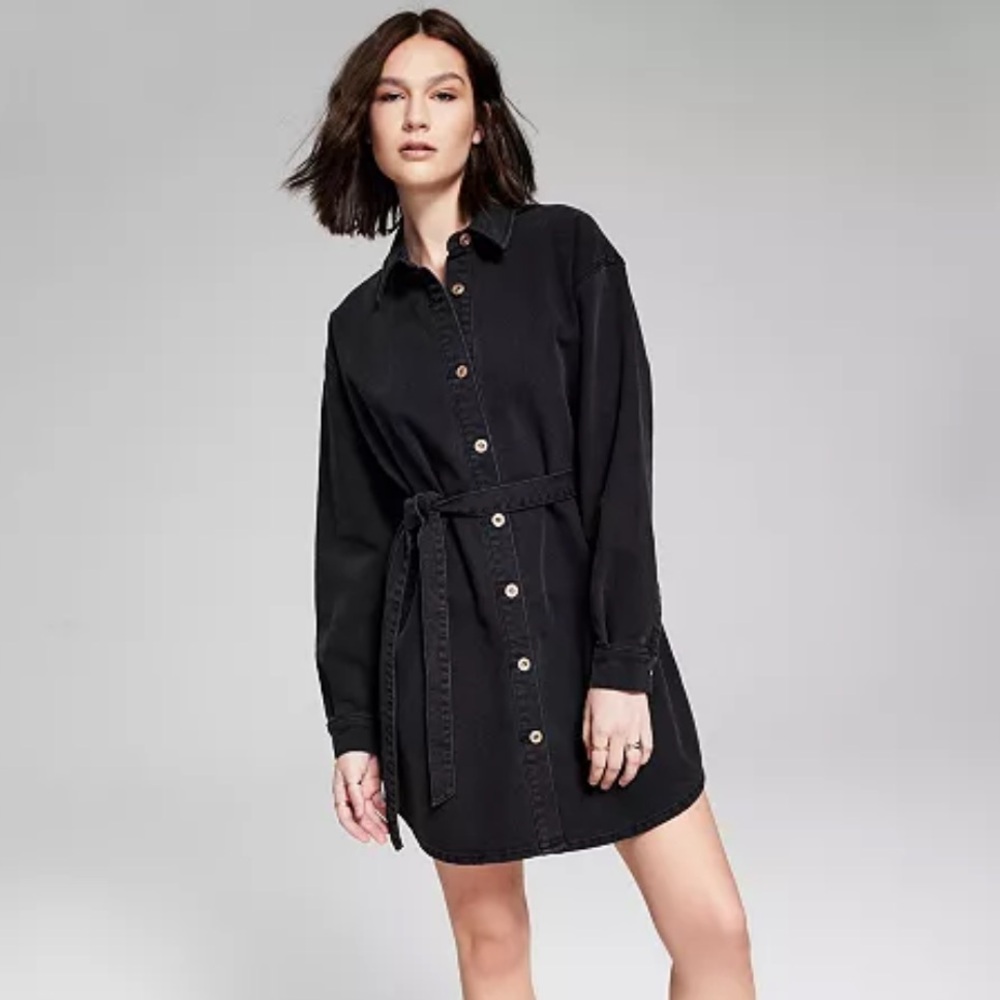 Long Sleeve Black Button-Front Shirt Dress with Self-Tie Belt